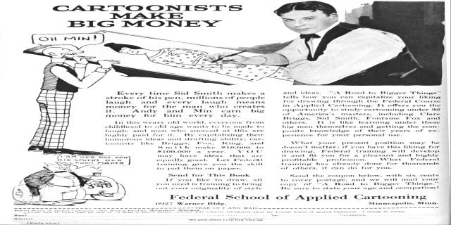 Werbung für die Bundesakademie für Angewandte Karikatur, die einen Mann im Smoking zeigt, der zwischen einer Frau im Kleid und einem anderen Mann steht, mit der Aufschrift "Karikaturisten verdienen viel Geld."