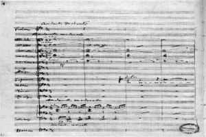 Schwarz-weißes Notenblatt für Johann Sebastian Bachs Symphonie Nr. 4 in G-Dur, Op. 63, mit einem Stempel im rechten unteren Eck, der 'Di-Arezzo Co UK' lautet.