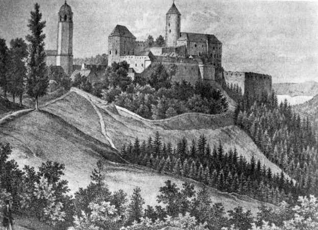 Eine Schwarz-Weiß-Zeichnung der Karlsruher Schloss in Deutschland, die auf einem Hügel umgeben von Bäumen steht, mit Text unten, der 'Karlsruher Schloss in Deutschland' lautet.