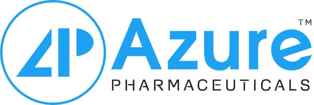 Logo von Azure Pharmaceuticals mit dem Unternehmensnamen in fetter schwarzer Schrift innerhalb eines blauen Kreises, der in Weiß umrandet ist, auf einem weißen Hintergrund.
