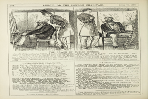 Ein altes Buchcover mit einem Mann in einem Anzug, der in einem Stuhl sitzt und nachdenklich schaut, und einer Frau, die neben ihm steht und nachdenklich aussieht, betitelt mit "Die Macht der öffentlichen Meinung".