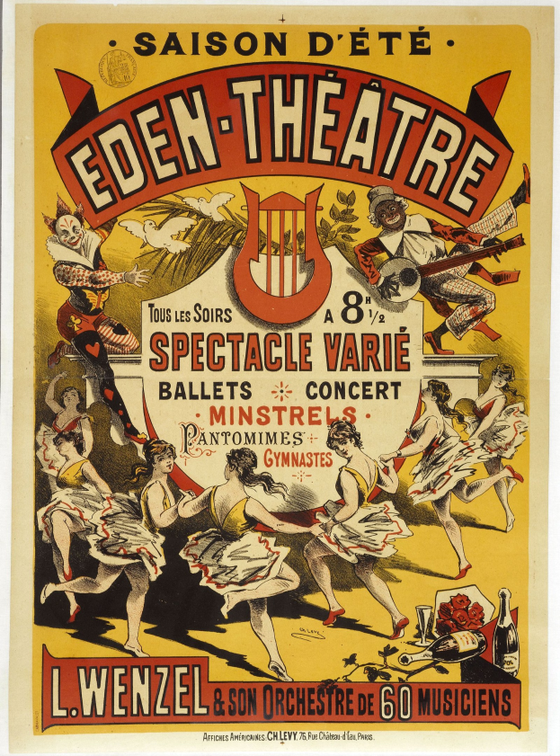 Plakat für das Eden Theatre in Paris mit einer Gruppe tanzender Menschen in einem Kreis, darüber in fetter Schrift 'Eden Theatre' auf einem hellgelben Hintergrund.