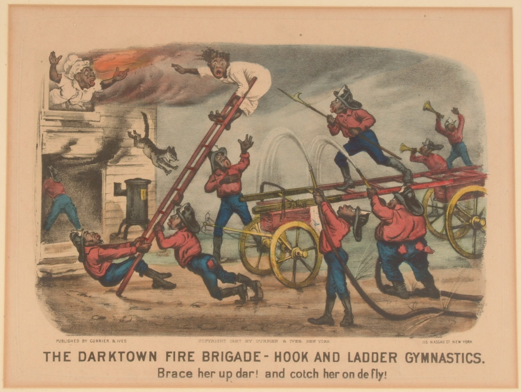 Ein Plakat mit der Aufschrift "The Darktown Fire Brigade - Hook and Ladder Gymnastics" zeigt eine Gruppe von Menschen, die Leitern und andere Gegenstände halten, mit einem Pferdewagen im Hintergrund.