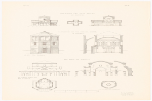 Eine Buchseite mit detaillierten Zeichnungen verschiedener Gebäude mit einzigartiger Architektur, begleitet von beschreibendem Text über ihre Geschichte.