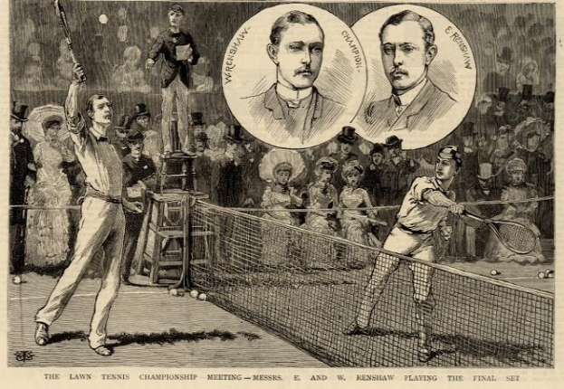 Schwarze und weiße Zeichnung von zwei Männern, die Tennis spielen, mit Zuschauern im Hintergrund und Text unten, der "The Lawn Tennis Championship Meeting - Messers, E und W Renshaw spielen das entscheidende Spiel" lautet.