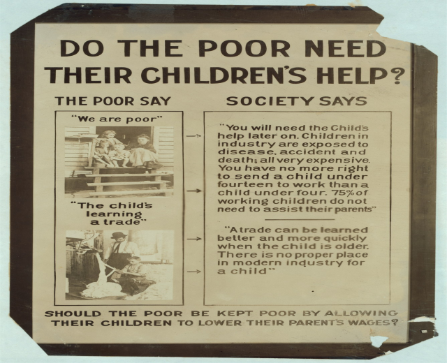 Plakat mit dem Text "Brauchen die Armen ihre Kinder's Hilfe?" und begleitenden Bildern.