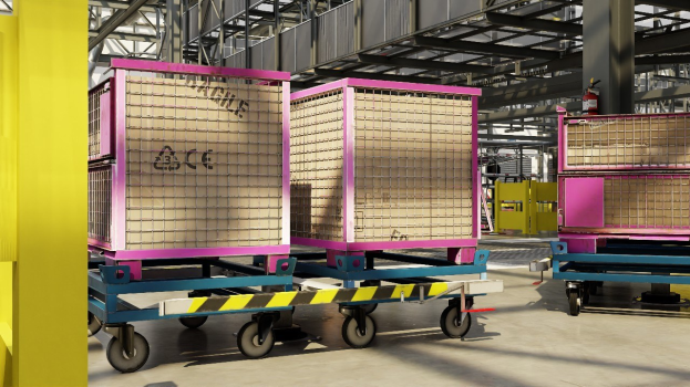 Ein großes Lagerinnere mit zahlreichen Kisten auf Wagen, einer gelben Säule links, einem Feuerlöscher rechts, Metallstangen und anderen Gegenständen im Hintergrund, mit dem Boden unten sichtbar.