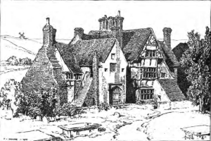 Schwarze und weiße Zeichnung eines Hauses in einem Feld mit Bäumen und einem klaren Himmel, beschriftet mit "Cotswold Cottages in England" unten.