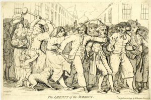 Eine Zeichnung einer Gruppe verzweifelter Menschen und eines Hundes mit der Inschrift "Die Freiheit des Individuums" unten.