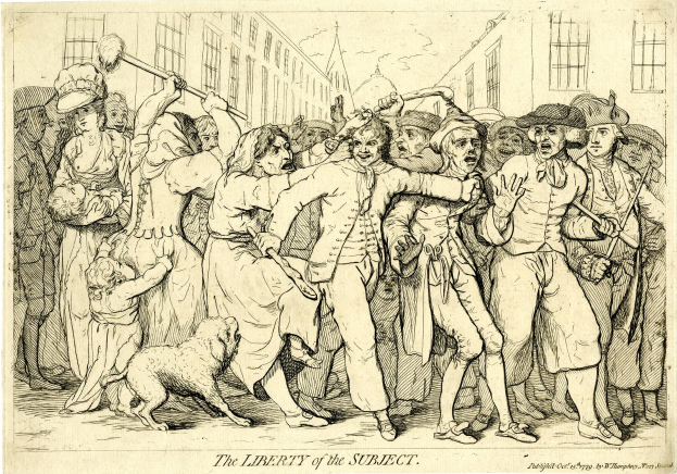 Eine Zeichnung einer Gruppe verzweifelter Menschen und eines Hundes mit der Inschrift "Die Freiheit des Individuums" unten.