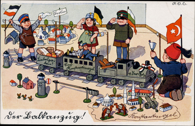 Kinder spielen mit einem Spielzeugebahn auf einem Eisenbahngeleise, umgeben von Häusern und Bäumen, mit Text unten.