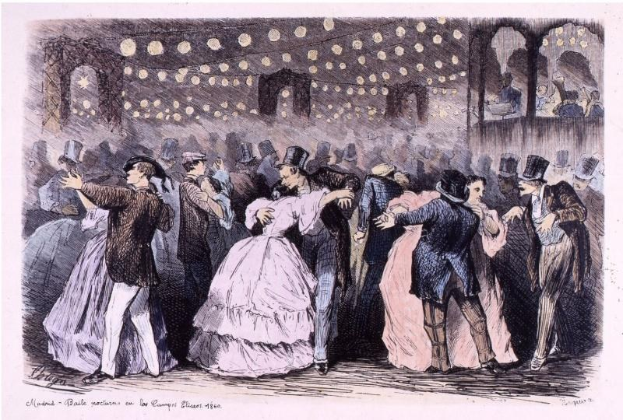 Gruppe von Menschen, die in einem Ballsaal tanzen, mit beleuchteten Wänden und Text unten, der 'Madame Baille Nacional en la Campagne Bleuet, 1860' lautet.