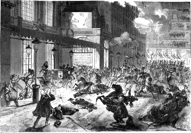 Schwarze und wei├če chaotische Stadtstra├čen Szenerie mit berittenen Reitern im Vordergrund, Kutsche hinterher, Geb├Ąude, Stra├čenlaternen, Rauch und Text unten.