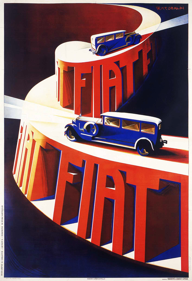 Blaue und rote Fiat-Autos werden auf einem Plakat mit dem Wort "Fiat" beworben.