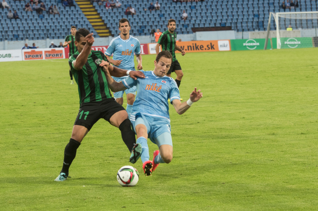 Menschen spielen ein Spiel auf einem grünen Feld mit einem Ball, Netz und Werbetafeln, während das Publikum von Stadionstühlen im Hintergrund zuschaut.