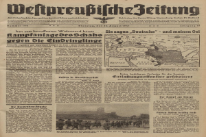 Eine alte Zeitung mit einem Bild einer Gruppe von Menschen, datiert auf den 6. August 1941, mit der Schlagzeile "Weltpreußische Zeitung" und einer Deutschlandkarte im Hintergrund.