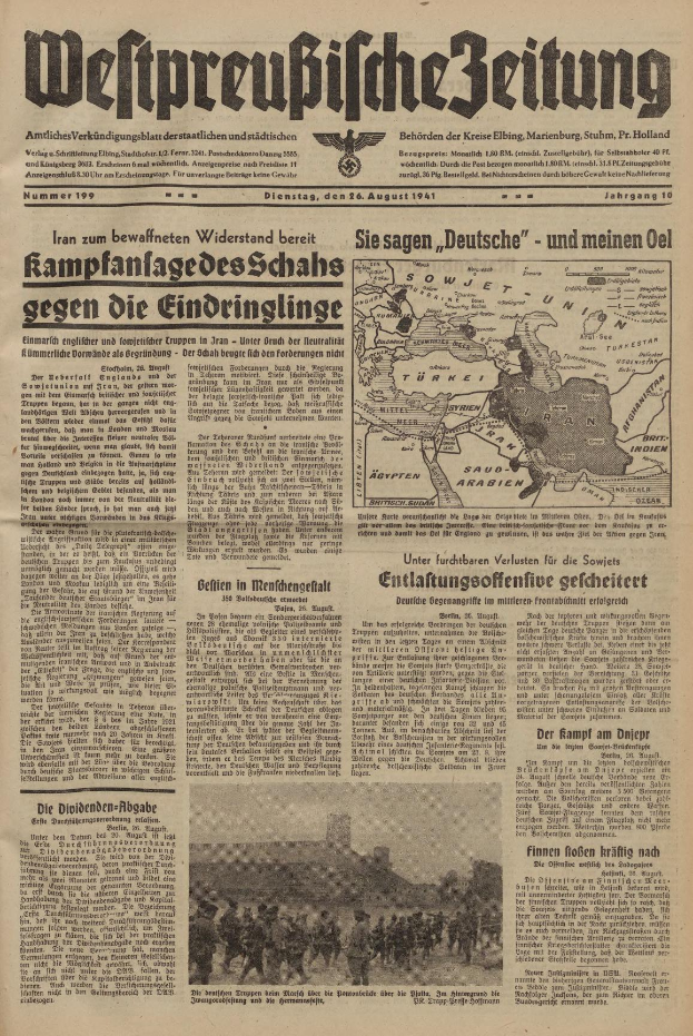 Eine alte Zeitung mit einem Bild einer Gruppe von Menschen, datiert auf den 6. August 1941, mit der Schlagzeile "Weltpreußische Zeitung" und einer Deutschlandkarte im Hintergrund.