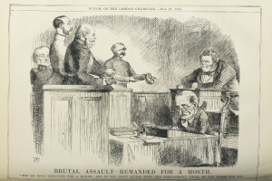 Eine Zeichnung einer Gruppe von Menschen, die um einen Tisch sitzen, mit Büchern und Gegenständen, und Text unten, der "brutaler Angriff - zur monatlichen Haft verurteilt" lautet.