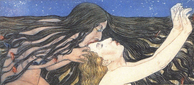 Ein Gemälde einer Frau in einem langen, wallenden Kleid, die ein Kind umarmt und küsst, vor einem sternenklaren Himmel.