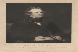Porträt von John Wilson Esqr., dem Begründer der Moralphilosophie an der Universität Edinburgh, sitzend in einem Stuhl und ein Buch haltend, mit Text unten.