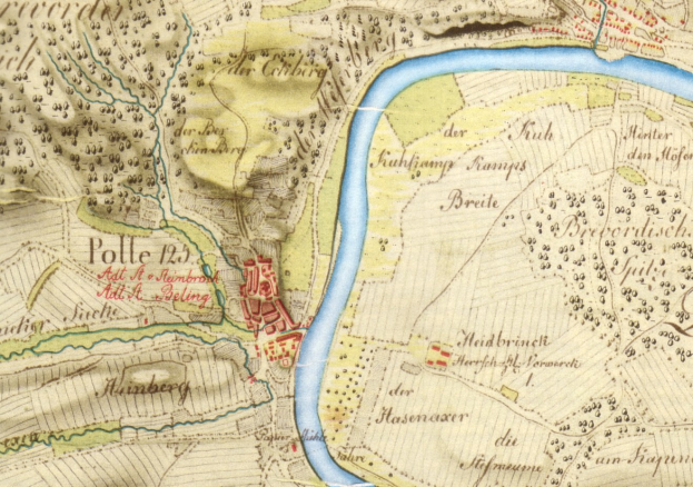 Detailierte alte Karte von Polle, Deutschland, mit einem Fluss, Straßen und Gebäuden markiert.