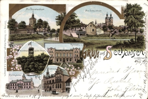 Eine alte Ansichtskarte mit einer Stadtansicht, Gebäuden, Bäumen, Pflanzen, Blumen, Gras, einer Brücke und einem Himmel, sowie etwas Text.