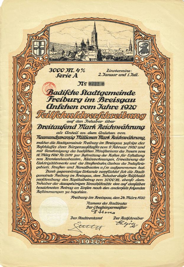 Altes deutsches Wertpapier mit einer Stadtansicht und bedrucktem Text, der den Ursprung angibt.