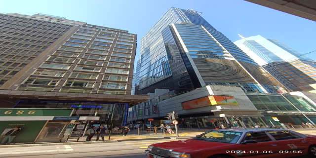 Roter Wagen auf einer von Hochhäusern gesäumten Stadtstraße mit Passanten auf dem Gehweg, Verkehrszeichen und sichtbarer Beschilderung bei klarem Himmel.