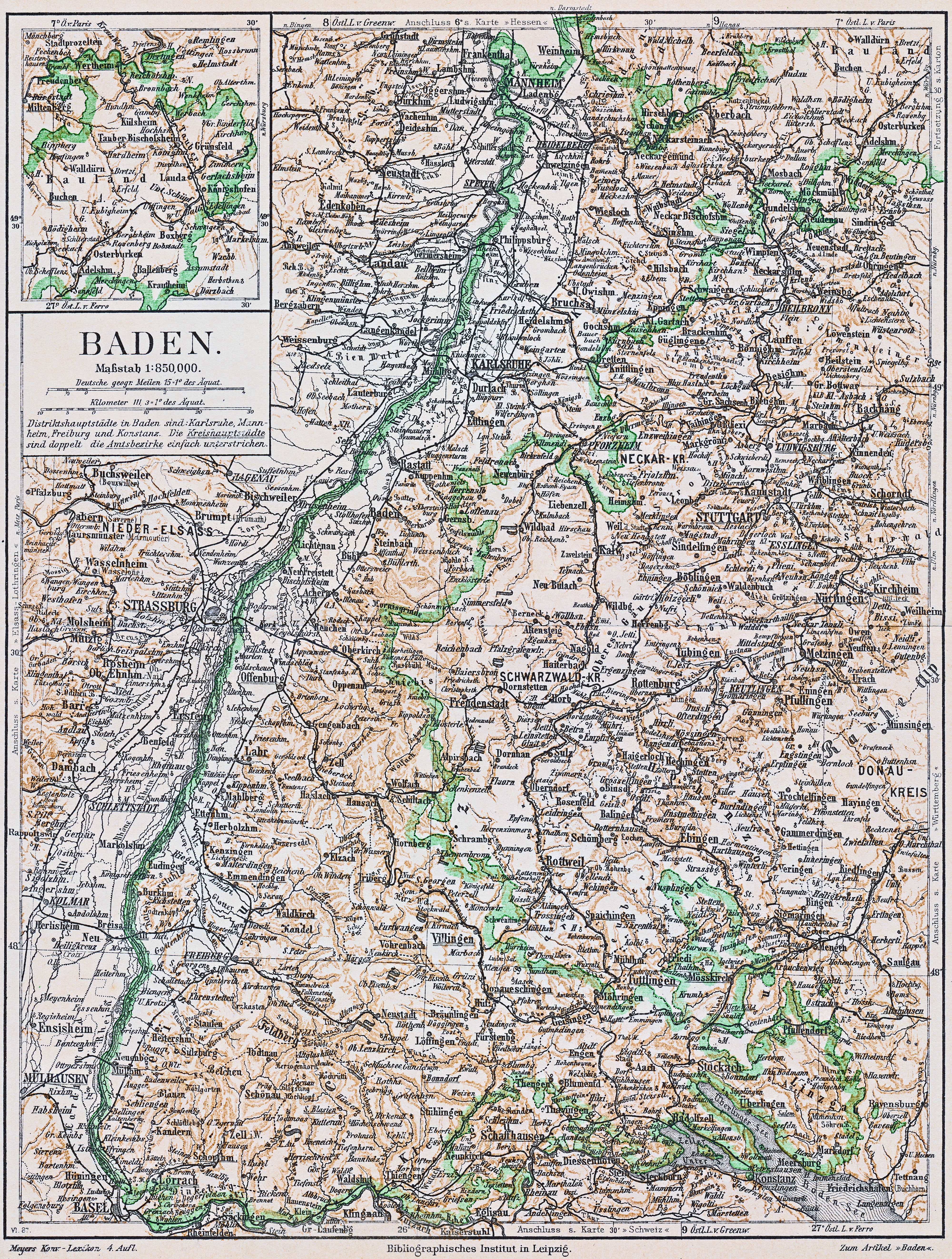 Eine alte Karte von Baden-Württemberg, Deutschland, die Straßen, Städte und geografische Merkmale zeigt.