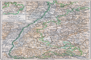 Eine alte Karte von Baden-Württemberg, Deutschland, die Straßen, Städte und geografische Merkmale zeigt.