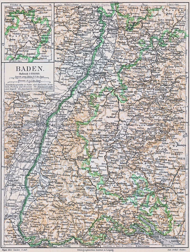 Eine alte Karte von Baden-Württemberg, Deutschland, die Straßen, Städte und geografische Merkmale zeigt.