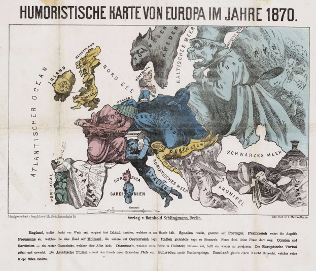 Ein Plakat mit der Aufschrift "Humoristische Karte von Europa im Jahre 1870", das eine Karte von Europa mit Cartoon-Illustrationen und Text zeigt.