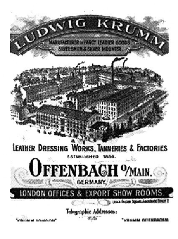 Ein Schwarz-Weiß-Bild eines Gebäudes mit dem Text "Ludwig Krumm Lederpflege-Werke, Gerbereien & Fabriken, Offenbach, Deutschland" darauf.