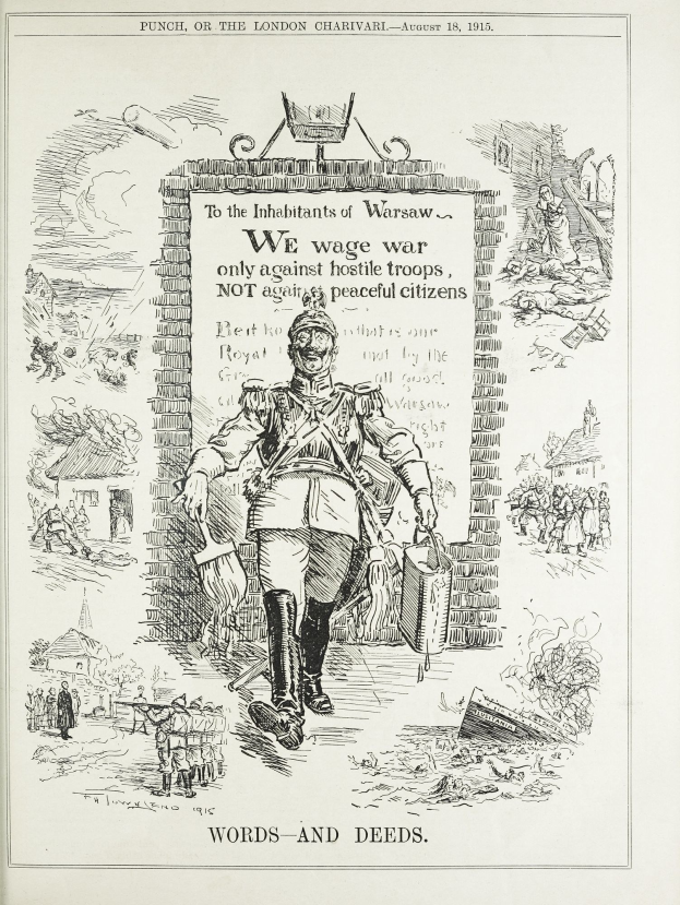 Ein altes Buch mit einer Zeichnung eines Mannes in militärischer Uniform, Helm und langem Mantel, der ein Schild hält, auf dem steht "Wir führen Krieg" und einen entschlossenen Gesichtsausdruck hat, vor einer Backsteinwand mit ein paar Menschen im Hintergrund.