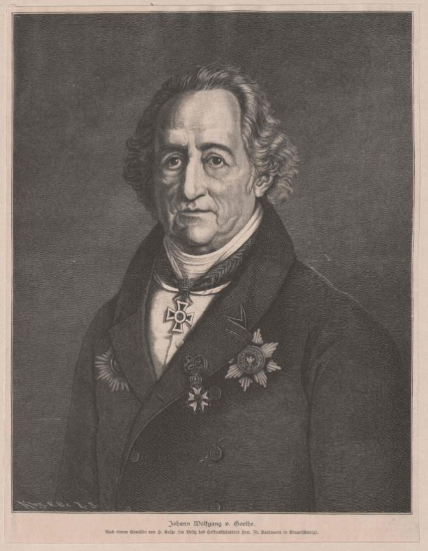 Schwarz-weißes Gravur von Johann Wolfgang von Goethe, einem deutschen Staatsmann, der eine Jacke mit Medaillen trägt, mit Text unten.