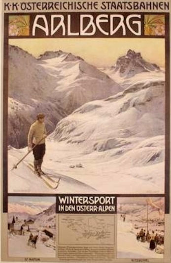 Ein Plakat, das Wintersport in den Österreichischen Alpen bewirbt, zeigt einen Skifahrer und Bilder von Menschen und Bergen mit begleitendem Text.