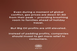 Ein brauner Hintergrund mit einer Aussage, die besagt, "Selbst in einer Zeit globaler Konflikte sind die Benzinpreise um $1.60 gesunken - verschaffen Familien vor den Feiertagen Luft."