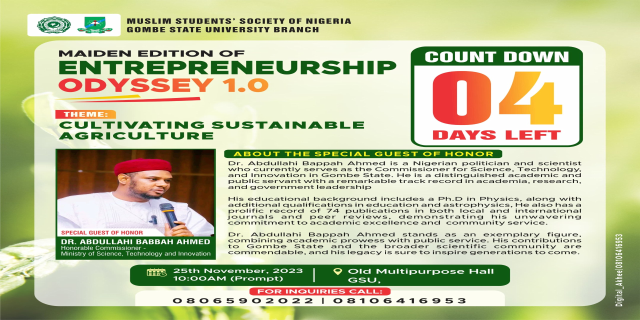 Plakat zur Premiere von Entrepreneurship Odyssey 1.0 mit dem Titel "Nachhaltige Landwirtschaft kultivieren", das eine Person in einem weißen Hemd mit einem Mikrofon zeigt.