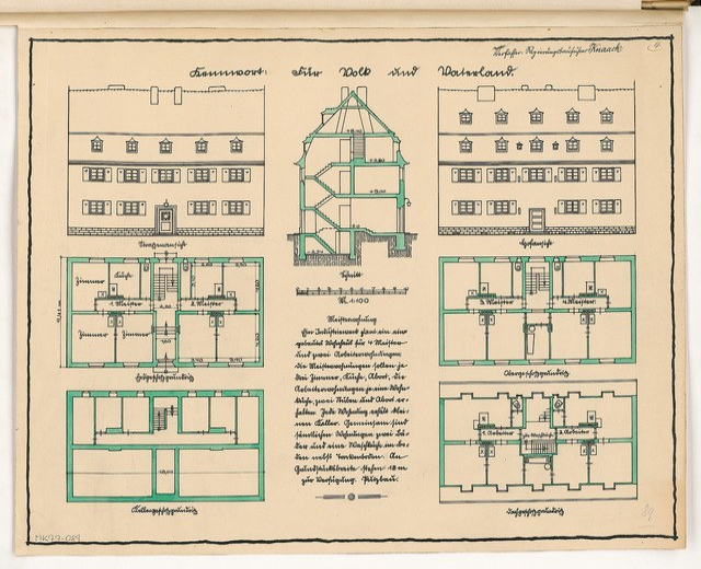 Altes Buch mit einer 17. Jahrhundert-Hausplan-Zeichnung auf dem Cover, das detaillierte architecturale Layout und Text zeigt.