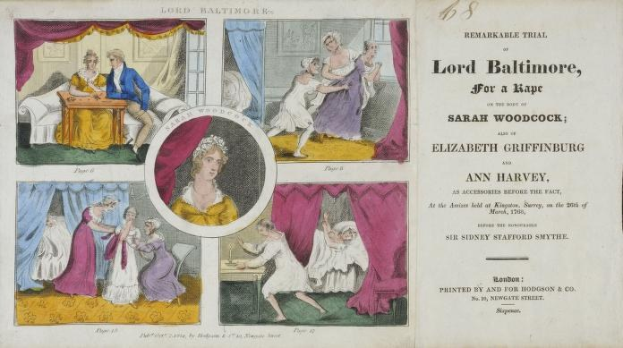 Eine historische Illustration eines Gerichtsdokuments, das ein Blatt mit Porträts, Vorhängen und Text zeigt.