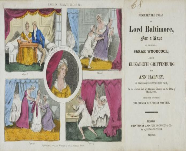 Eine historische Illustration eines Gerichtsdokuments, das ein Blatt mit Porträts, Vorhängen und Text zeigt.