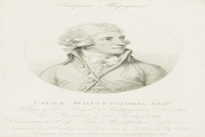 Portrait von Caleb Whiteford, Esq., Präsident der Society for the Encouragement of Arts, Manufacturers and Commerce, in einem Anzug mit ernstem Gesichtsausdruck, der ein Papier mit Text hält.