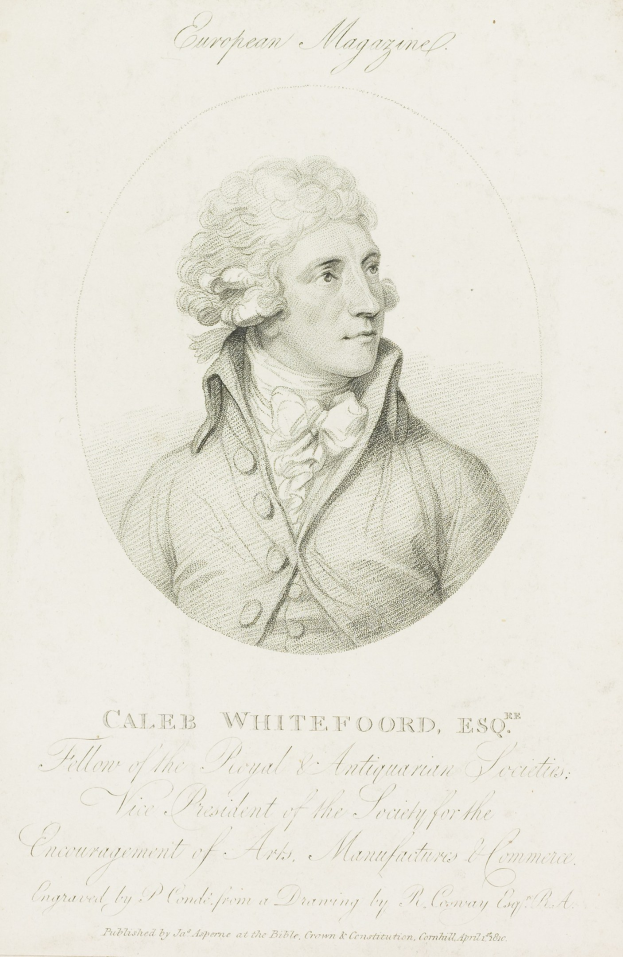 Portrait von Caleb Whiteford, Esq., Präsident der Society for the Encouragement of Arts, Manufacturers and Commerce, in einem Anzug mit ernstem Gesichtsausdruck, der ein Papier mit Text hält.
