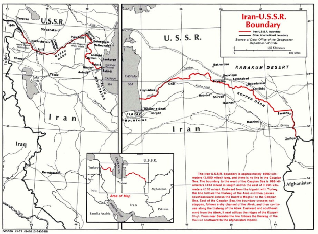 Detailierte Plakatkarte der iranisch-sowjetischen Grenze, zeigt Länder, Grenzen, geografische Merkmale und zusätzliche Textinformationen.