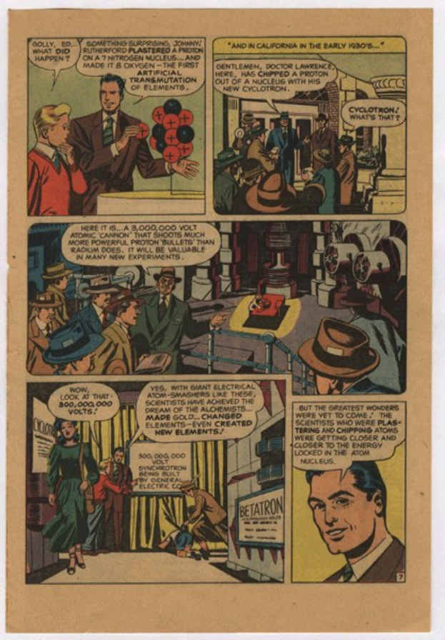 Eine Comic-Seite mit einem Mann in einem marineblauen Anzug, weissem Hemd und roter Krawatte mit einem ernsten Gesichtsausdruck, umgeben von einer Collage von Illustrationen und fetter schwarzer Schrift.