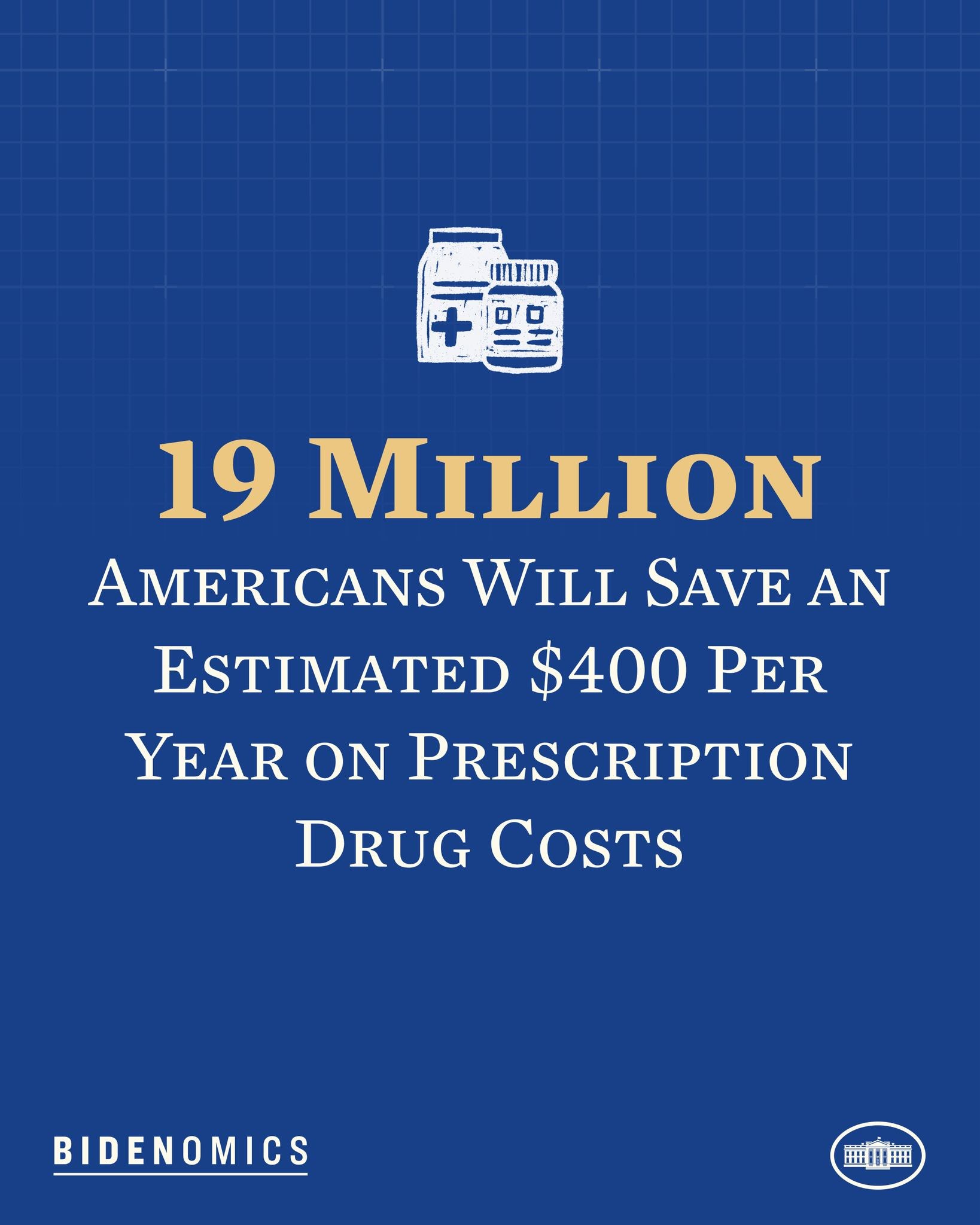 Blauer Hintergrund mit weisser Schrift und Logo mit der Aufschrift "19 Millionen Amerikaner werden geschätzt 400 USD pro Jahr an Arzneikosten sparen."