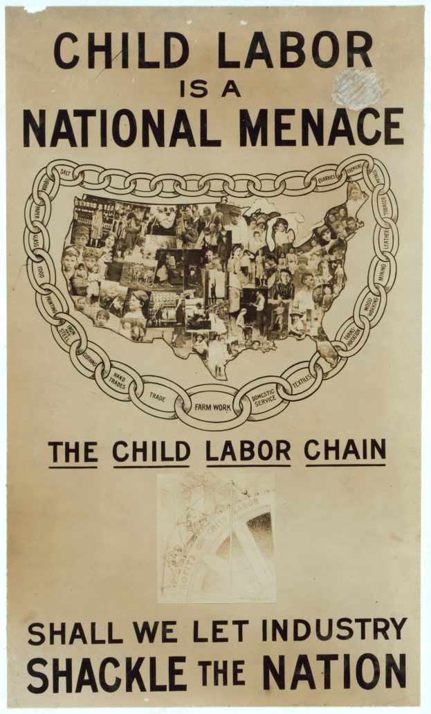 Plakat mit der Aufschrift 'Kinderaert ist eine nationale Geißel - Sollen wir die Industrie das Land fesseln lassen' in fetter schwarzer Schrift auf einem weißen Hintergrund, das eine vielfältige Gruppe von Menschen zeigt, die gemeinsam stehen.