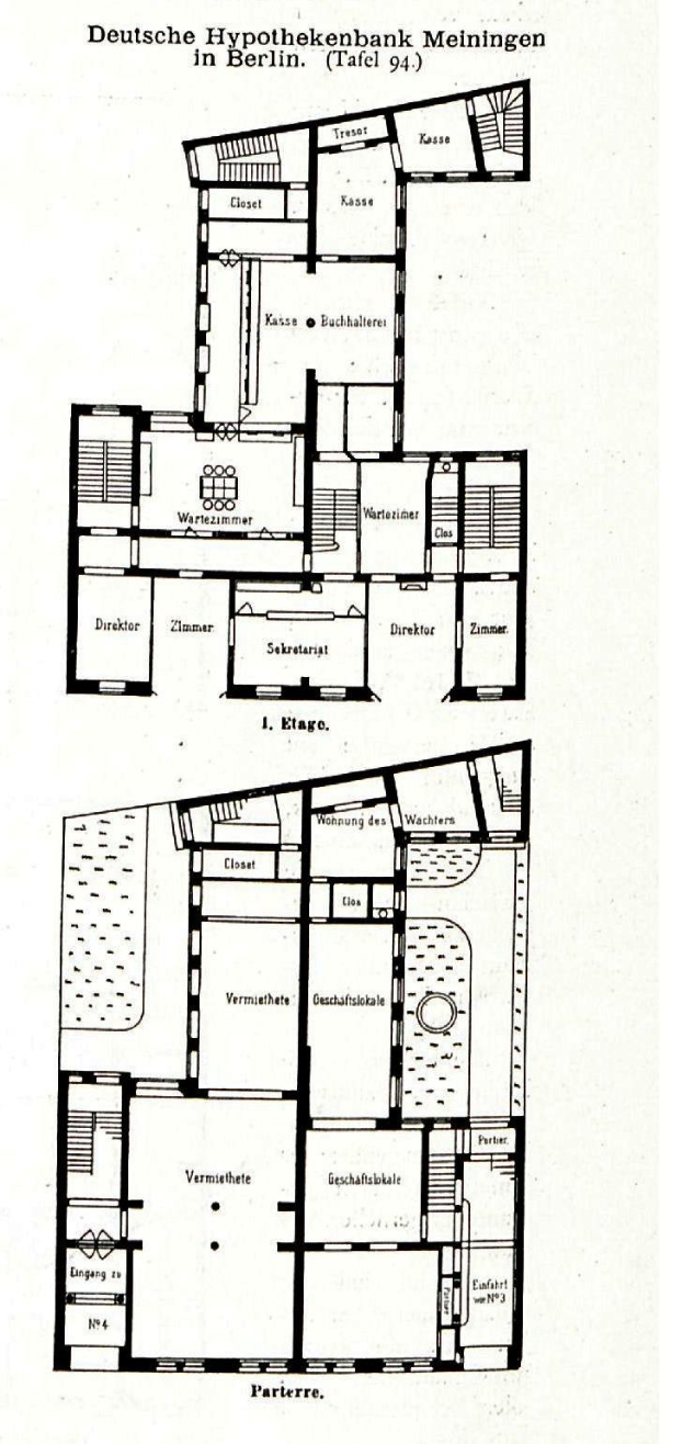 Schwarzes und wei├čes architektonisches Grundrissbild der Hypothenbank Meiningen in Berlin, das detaillierte Raumaufteilungen, Fenster, Türen und bauliche Merkmale zeigt.