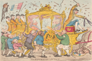 Eine Karikatur einer von Pferden gezogenen Kutsche voller Menschen, einige halten Fahnen, mit dem Text "Der republikanische Angriff" unten.