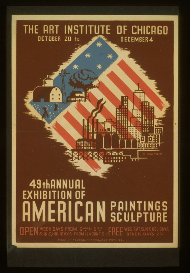 Plakat für die 49. Jahresausstellung des Art Institute of Chicago für Amerik. Malerei und Skulptur, das Text und exhibition-related Images zeigt.